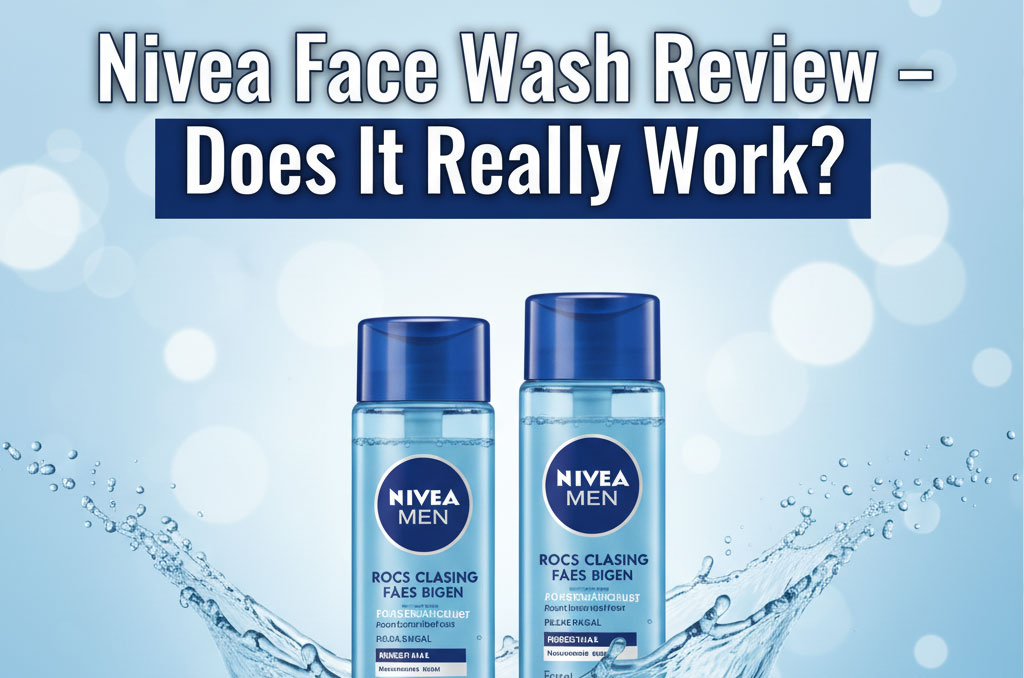 Nivea face wash review banner with water splash and skincare product display.