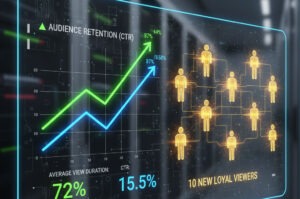 YouTube analytics dashboard showing sharp rising retention and CTR metrics
