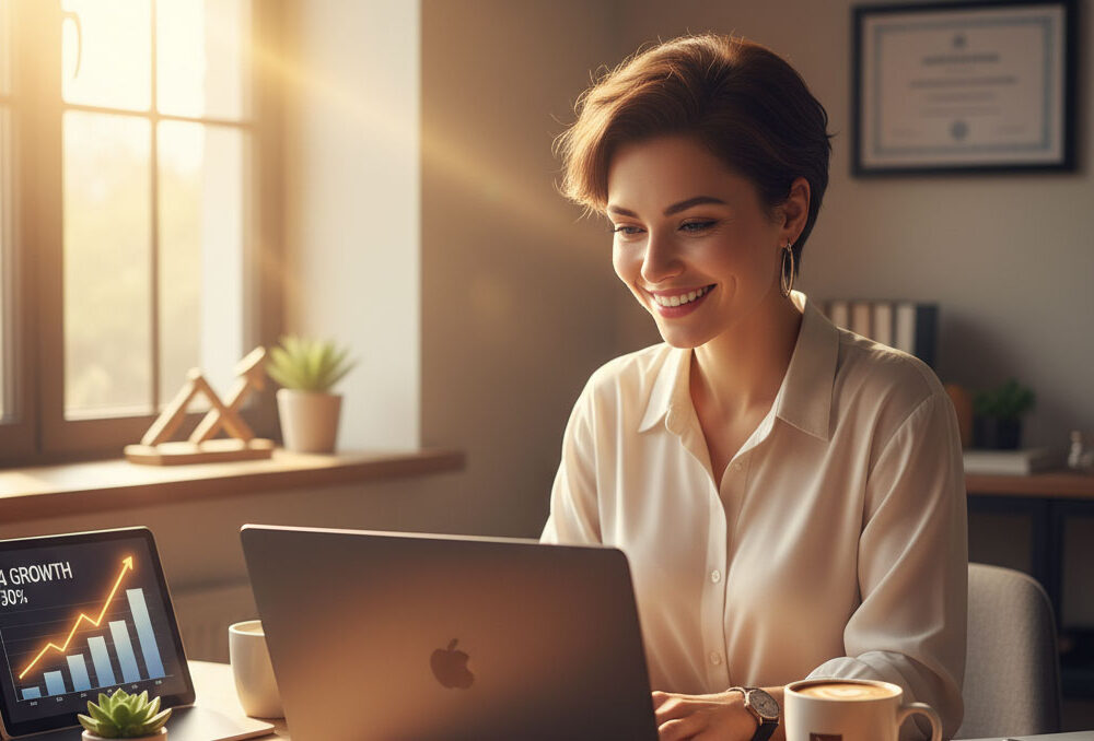 A confident young freelancer smiling at a laptop