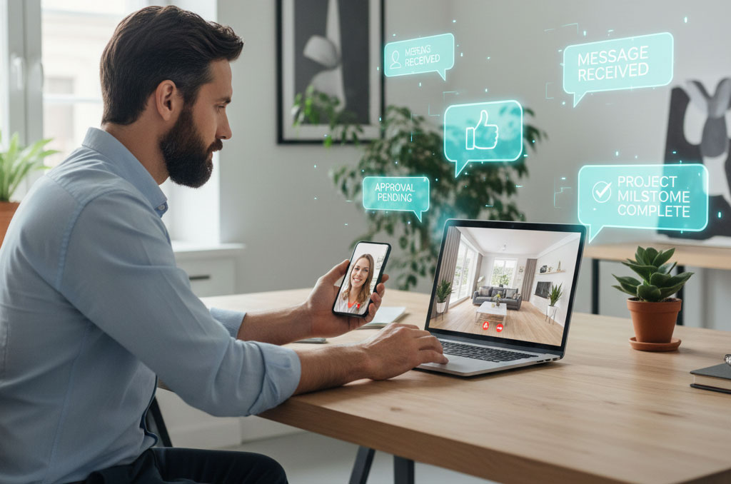 A designer communicating with a client via laptop and smartphone