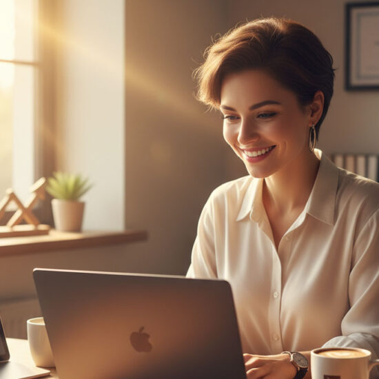 A confident young freelancer smiling at a laptop