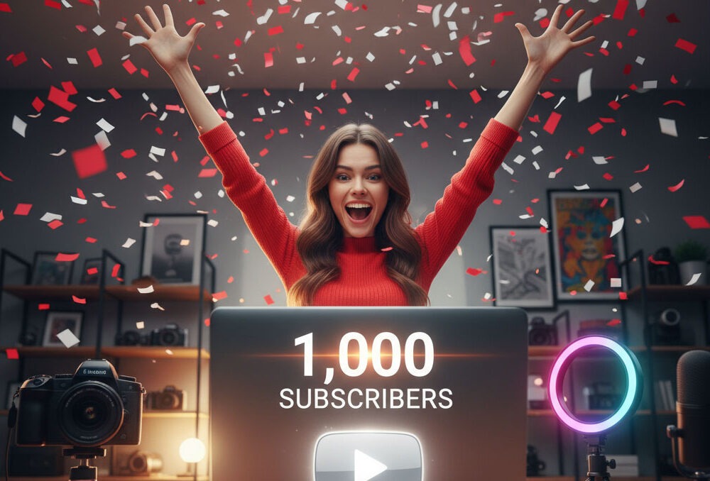 small YouTuber celebrating as their subscriber counter jumps to 1,000
