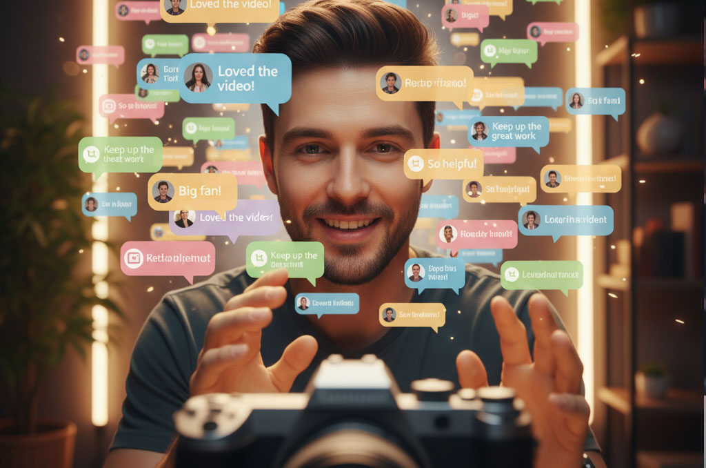 A YouTuber smiling and interacting with a lively comment section