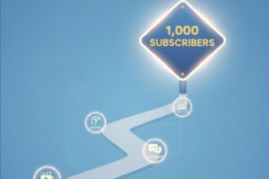 A roadmap leading toward a bright milestone sign that reads “1,000 Subscribers