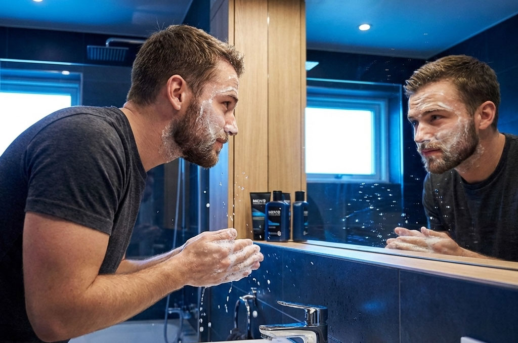 Confident young man washing his face at a sink