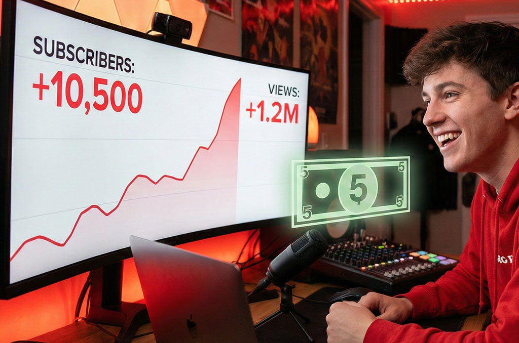 small YouTuber sitting at a desk